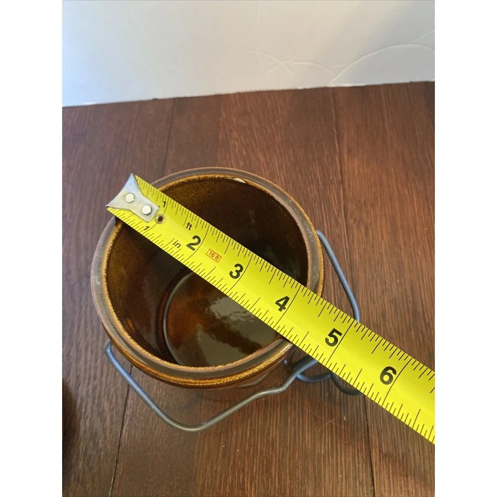Vintage Cheese Crock with Locking Wire‎ Bail Lid Dark Brown Glaze Jar